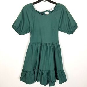 Peter Som Women  Teal Puff Sleeve Tiered Mini Dress Size 4 Open Tie‎ Back